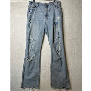 We The Free Thirty-Three Jeans Womens 33 Blue Distressed Wide Leg Raw Hem